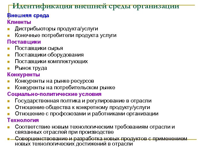 Идентификация внешней среды организации Внешняя среда Клиенты n Дистрибьюторы продукта/услуги n Конечные потребители продукта