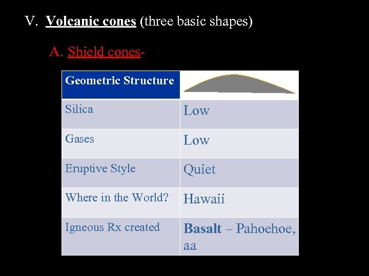 V. Volcanic cones (three basic shapes) A. Shield cones. Geometric Structure Silica Low Gases