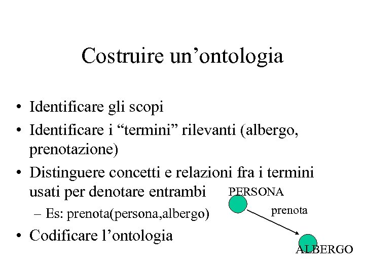 Costruire un’ontologia • Identificare gli scopi • Identificare i “termini” rilevanti (albergo, prenotazione) •