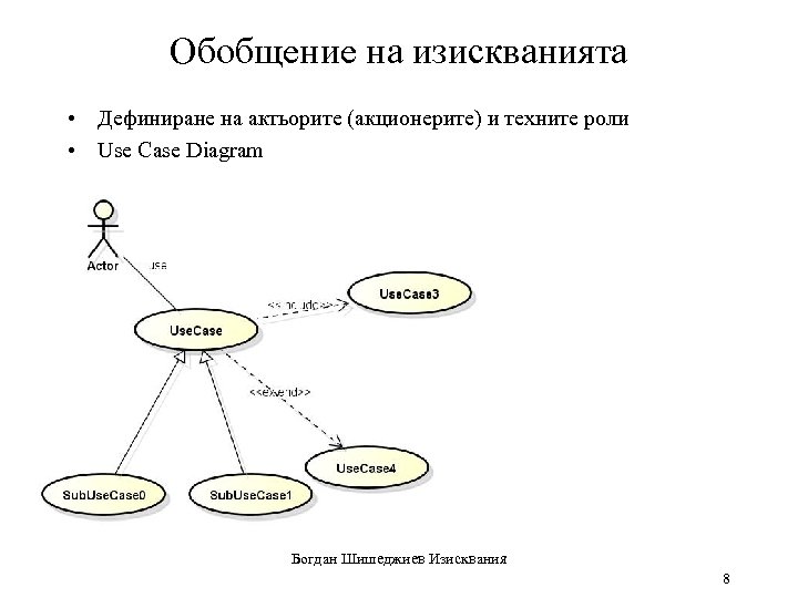 Обобщение на изискванията • Дефиниране на актьорите (акционерите) и техните роли • Use Case