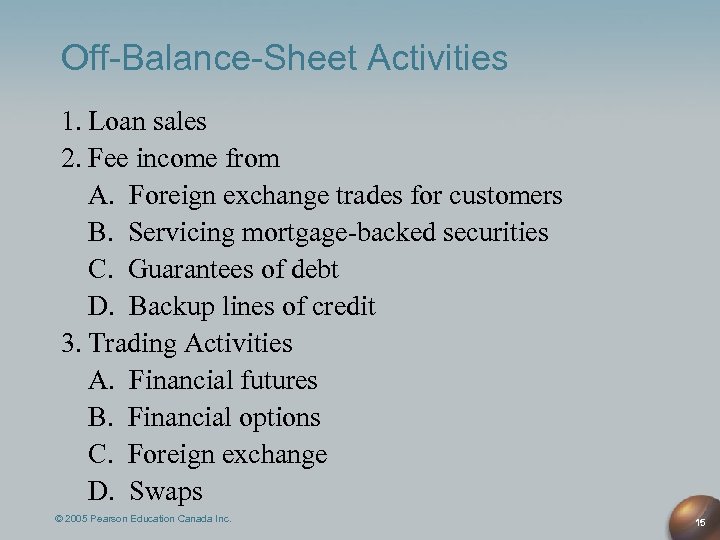 Off-Balance-Sheet Activities 1. Loan sales 2. Fee income from A. Foreign exchange trades for