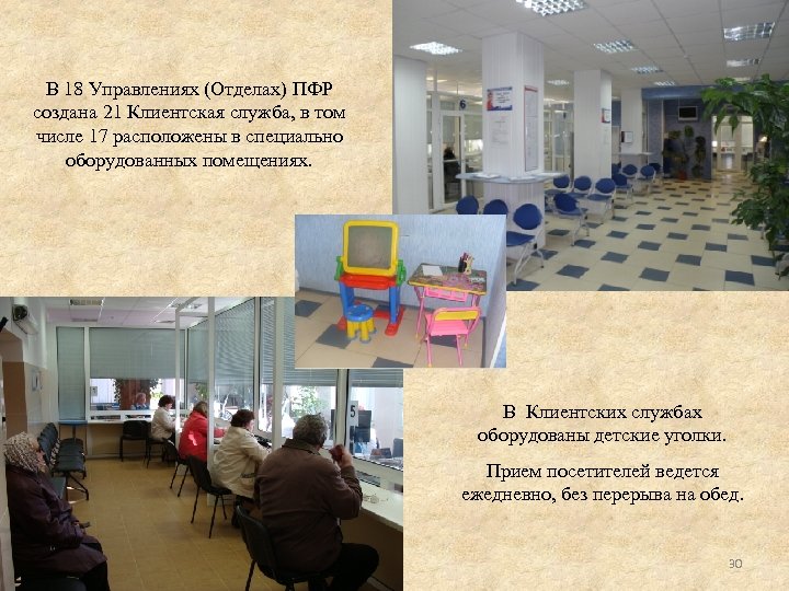 В 18 Управлениях (Отделах) ПФР создана 21 Клиентская служба, в том числе 17 расположены
