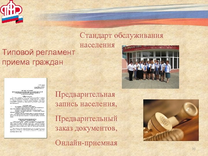 Типовой регламент приема граждан Стандарт обслуживания населения Предварительная запись населения, Предварительный заказ документов, Онлайн-приемная