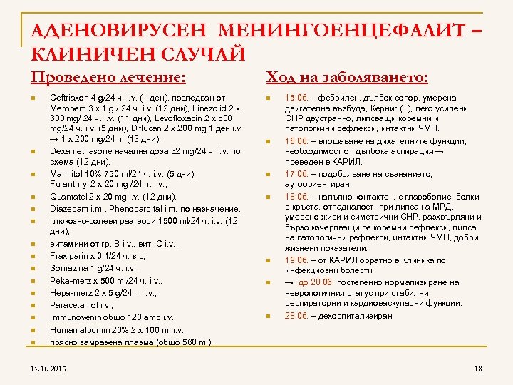 AДЕНОВИРУСЕН МЕНИНГОЕНЦЕФАЛИТ – КЛИНИЧЕН СЛУЧАЙ Проведено лечение: n n n n Ceftriaxon 4 g/24