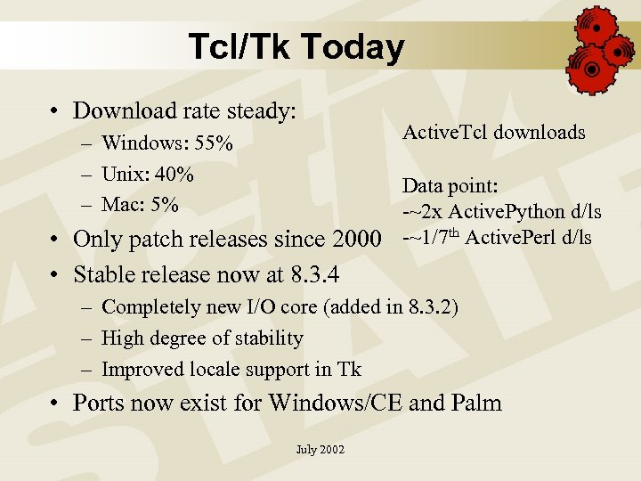 Tcl/Tk Today • Download rate steady: – Windows: 55% – Unix: 40% – Mac: