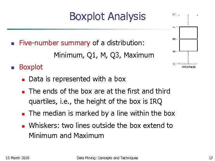  Boxplot Analysis n Five-number summary of a distribution: Minimum, Q 1, M, Q