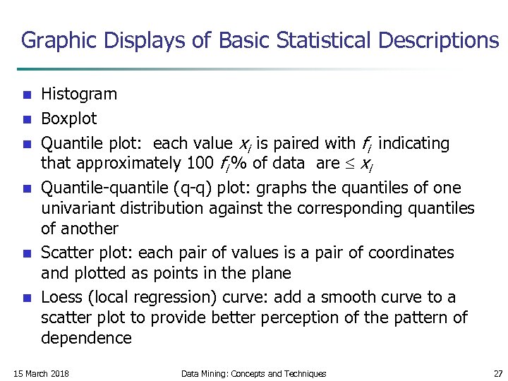 Graphic Displays of Basic Statistical Descriptions n n n Histogram Boxplot Quantile plot: each