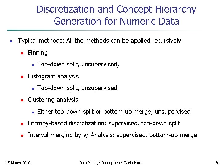 Discretization and Concept Hierarchy Generation for Numeric Data n Typical methods: All the methods
