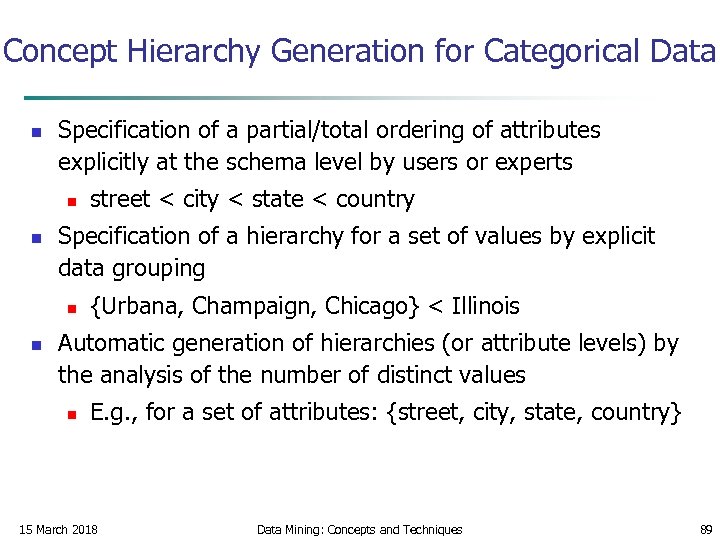 Concept Hierarchy Generation for Categorical Data n Specification of a partial/total ordering of attributes