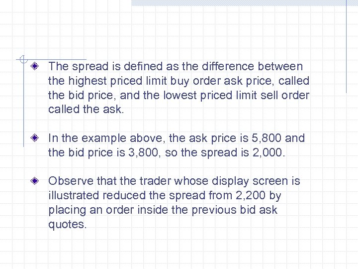 The spread is defined as the difference between the highest priced limit buy order