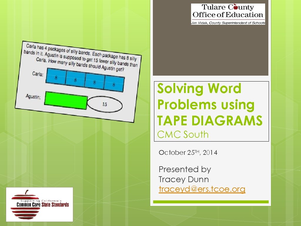 Solving Word Problems using TAPE DIAGRAMS CMC South October 25 TH, 2014 Presented by