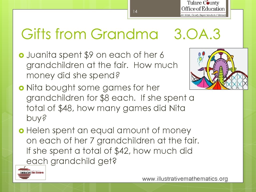 14 Gifts from Grandma 3. OA. 3 Juanita spent $9 on each of her