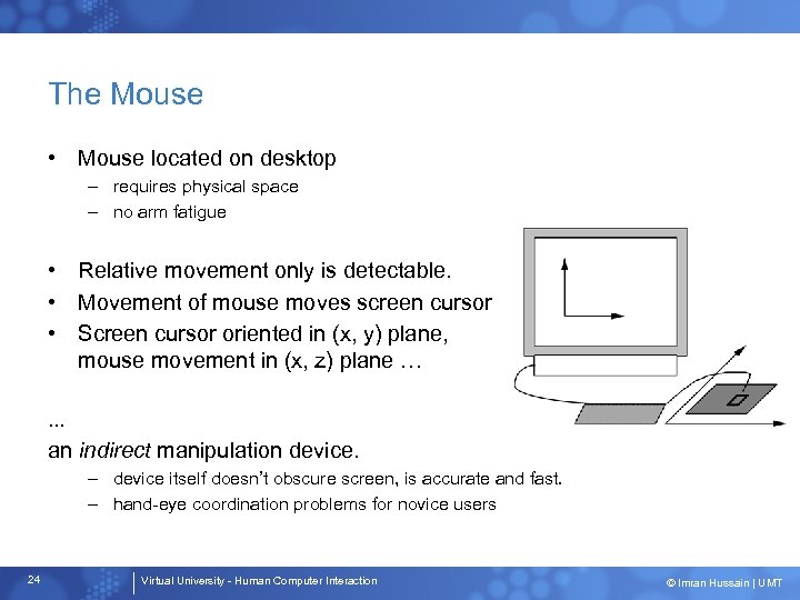 The Mouse • Mouse located on desktop – requires physical space – no arm