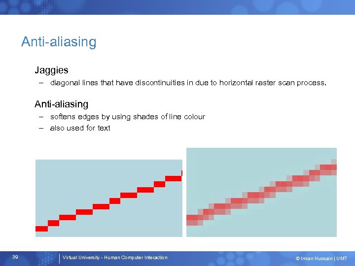 Anti-aliasing Jaggies – diagonal lines that have discontinuities in due to horizontal raster scan