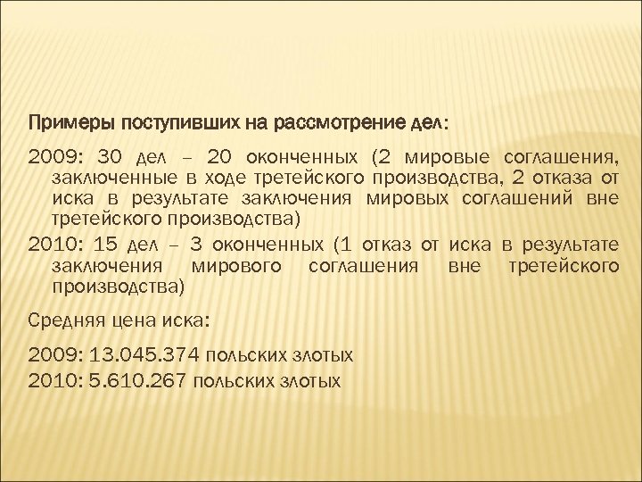 Примеры поступивших на рассмотрение дел: 2009: 30 дел – 20 оконченных (2 мировые соглашения,