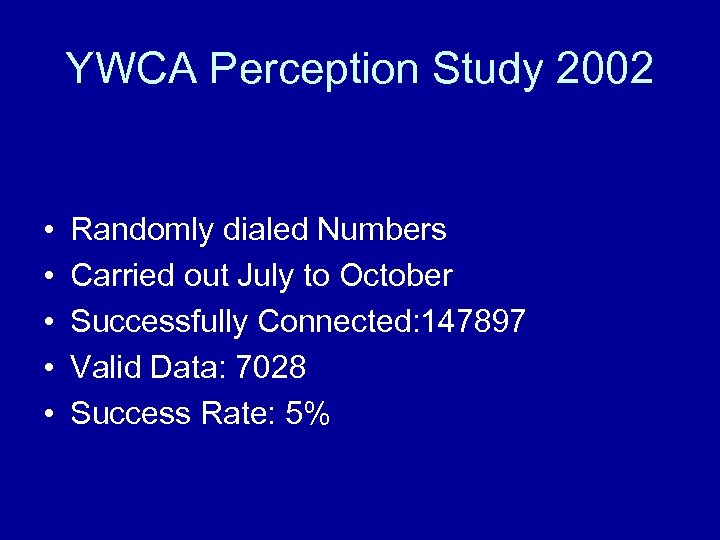 YWCA Perception Study 2002 • • • Randomly dialed Numbers Carried out July to