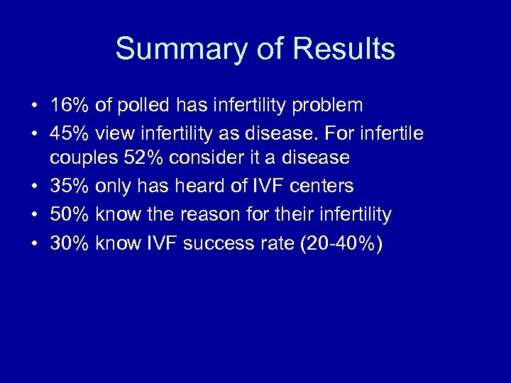 Summary of Results • 16% of polled has infertility problem • 45% view infertility