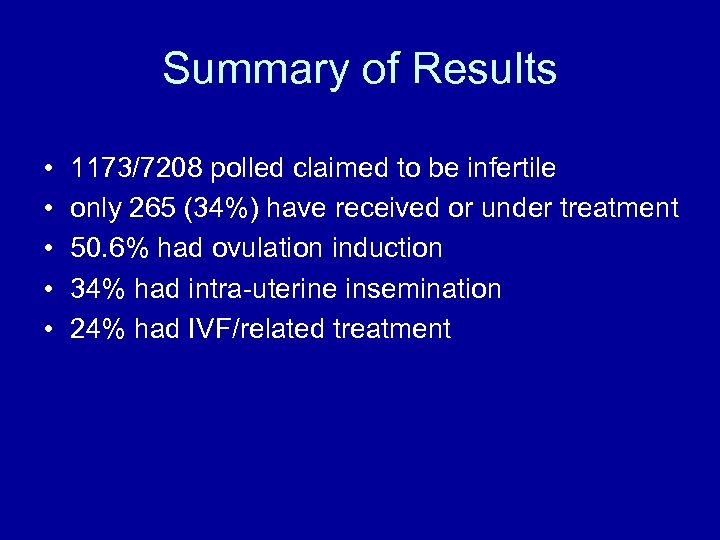 Summary of Results • • • 1173/7208 polled claimed to be infertile only 265