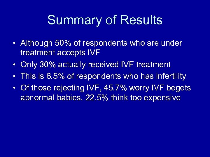 Summary of Results • Although 50% of respondents who are under treatment accepts IVF
