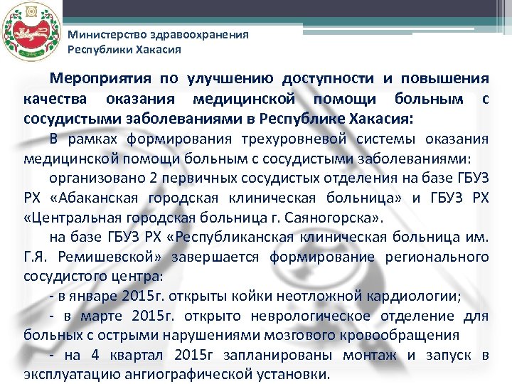 Министерство здравоохранения Республики Хакасия Мероприятия по улучшению доступности и повышения качества оказания медицинской помощи