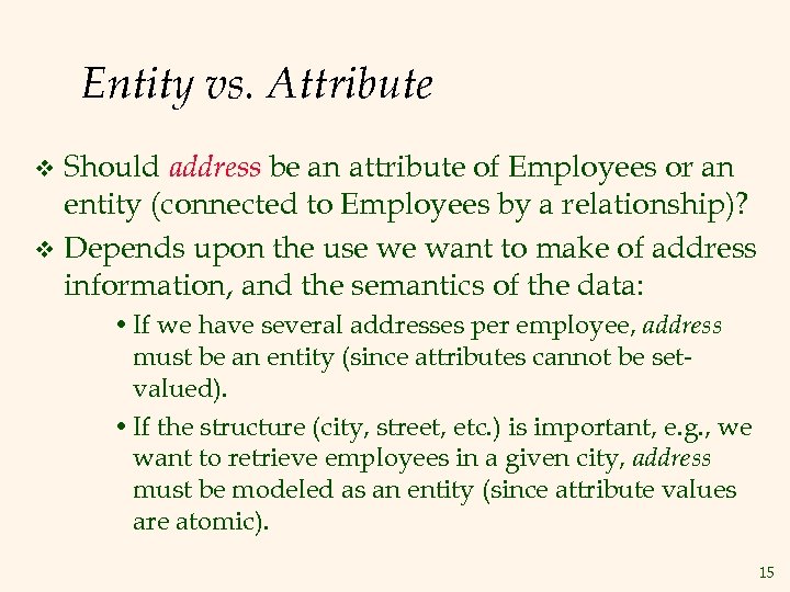Entity vs. Attribute Should address be an attribute of Employees or an entity (connected