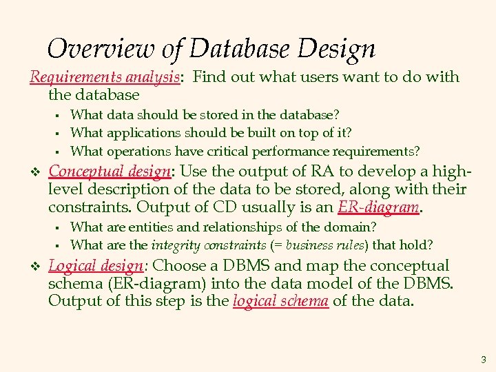 Overview of Database Design Requirements analysis: Find out what users want to do with