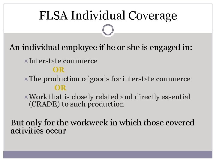 FLSA Individual Coverage An individual employee if he or she is engaged in: Interstate