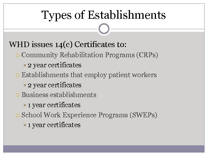 Types of Establishments WHD issues 14(c) Certificates to: Community Rehabilitation Programs (CRPs) 2 year