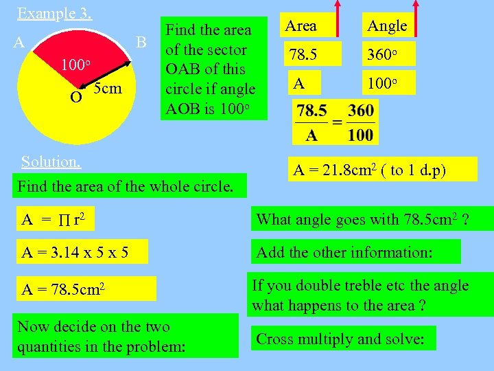 Example 3. A B 100 o O 5 cm Find the area of the