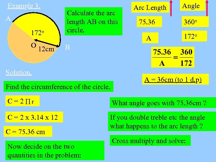 Example 3. 172 o Calculate the arc length AB on this circle. O 12