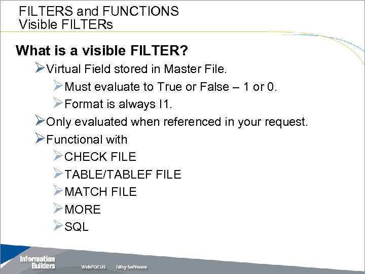 FILTERS and FUNCTIONS Visible FILTERs What is a visible FILTER? ØVirtual Field stored in