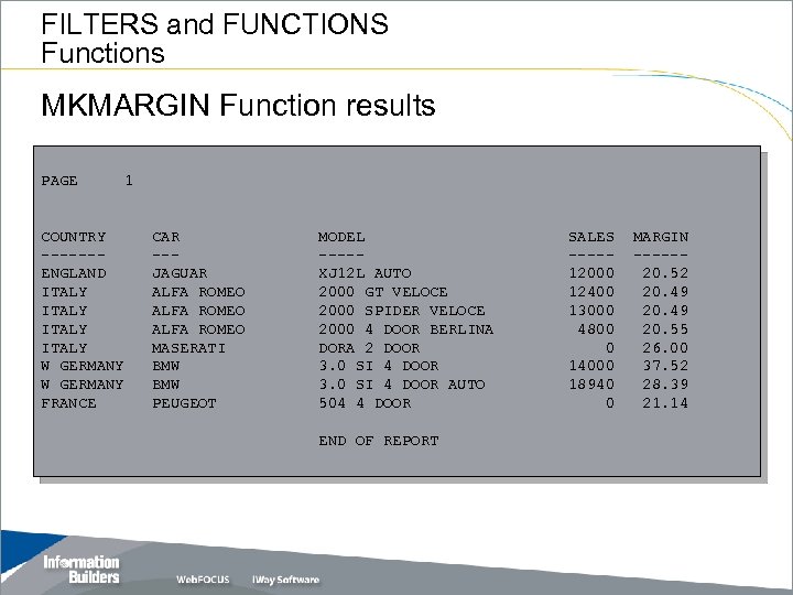 FILTERS and FUNCTIONS Functions MKMARGIN Function results PAGE COUNTRY ------ENGLAND ITALY W GERMANY FRANCE