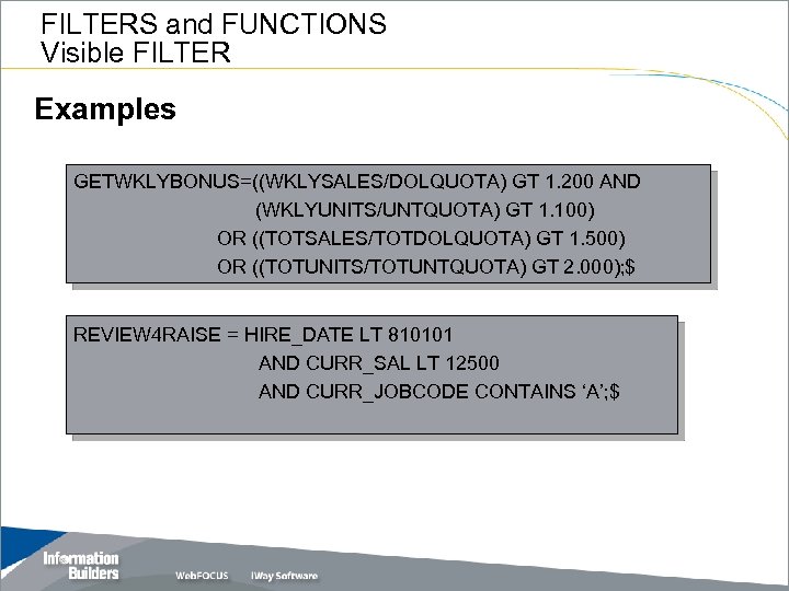 FILTERS and FUNCTIONS Visible FILTER Examples GETWKLYBONUS=((WKLYSALES/DOLQUOTA) GT 1. 200 AND (WKLYUNITS/UNTQUOTA) GT 1.
