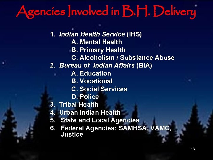 Agencies Involved in B. H. Delivery 1. Indian Health Service (IHS) A. Mental Health