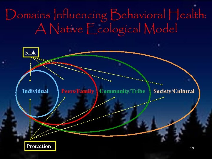 Domains Influencing Behavioral Health: A Native Ecological Model Risk Individual Protection Peers/Family Community/Tribe Society/Cultural