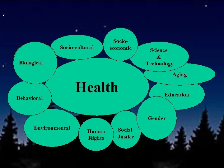 . Socio-cultural Socioeconomic Biological Science & Technology Aging Behavioral Health Education Gender Environmental Human