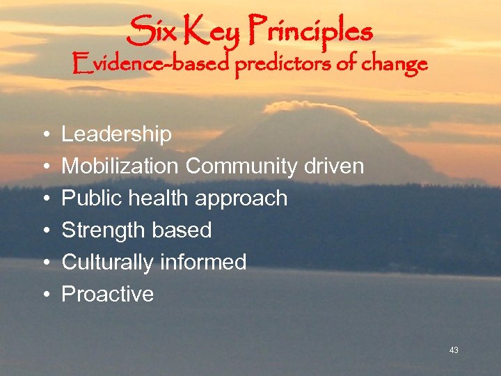 Six Key Principles Evidence-based predictors of change • • • Leadership Mobilization Community driven