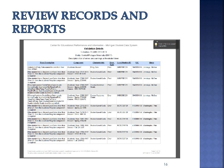 REVIEW RECORDS AND REPORTS 16 