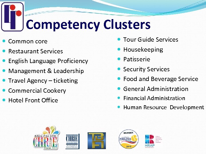 Competency Clusters Common core Restaurant Services English Language Proficiency Management & Leadership Travel Agency