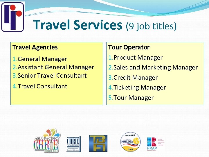 Travel Services (9 job titles) Travel Agencies Tour Operator 1. Product Manager 1. General