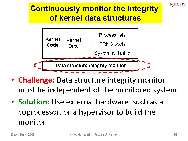 Continuously monitor the integrity of kernel data structures Kernel Code Process lists Kernel Data