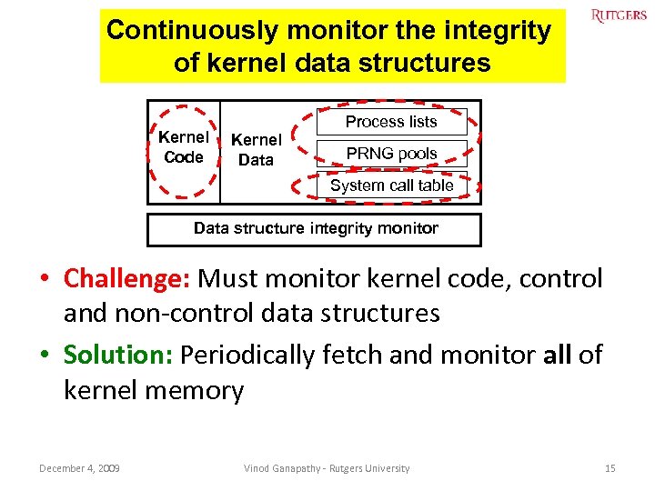 Continuously monitor the integrity of kernel data structures Kernel Code Process lists Kernel Data