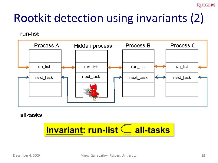 Rootkit detection using invariants (2) run-list Process A Hidden process Process B Process C