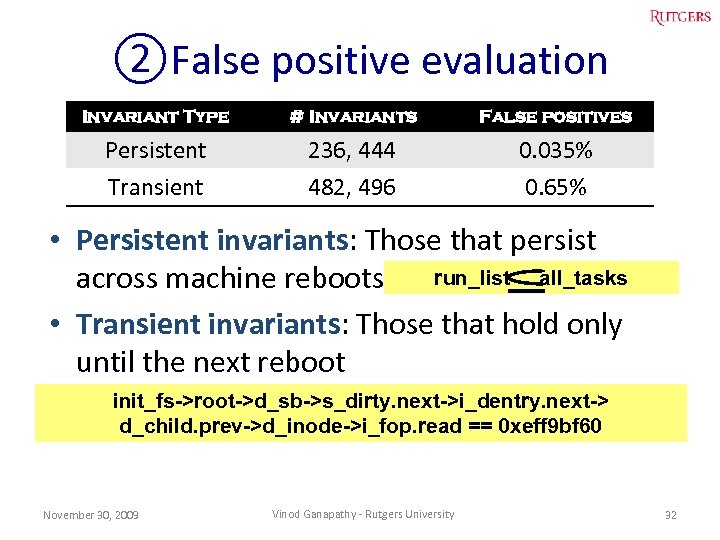 ②False positive evaluation Invariant Type # Invariants False positives Persistent Transient 236, 444 482,