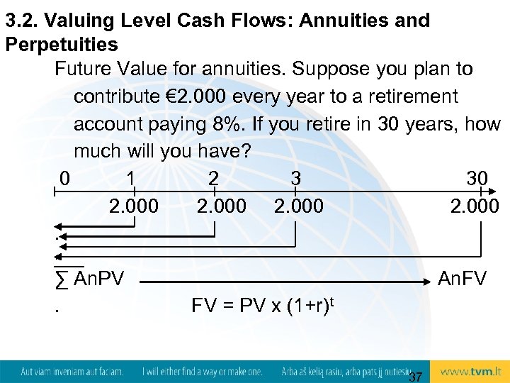 3. 2. Valuing Level Cash Flows: Annuities and Perpetuities Future Value for annuities. Suppose