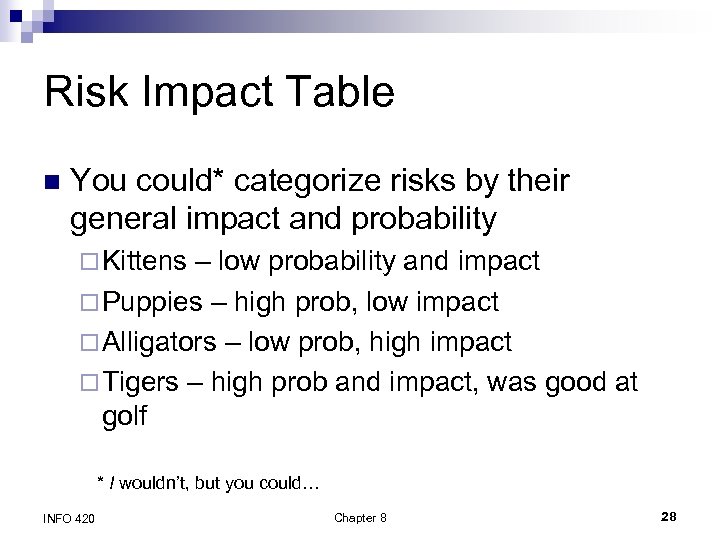 Risk Impact Table n You could* categorize risks by their general impact and probability