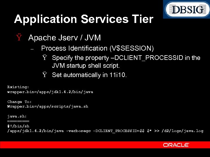Application Services Tier Ÿ Apache Jserv / JVM – Process Identification (V$SESSION) Ÿ Specify