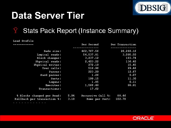 Data Server Tier Ÿ Stats Pack Report (Instance Summary) Load Profile ~~~~~~ Redo size:
