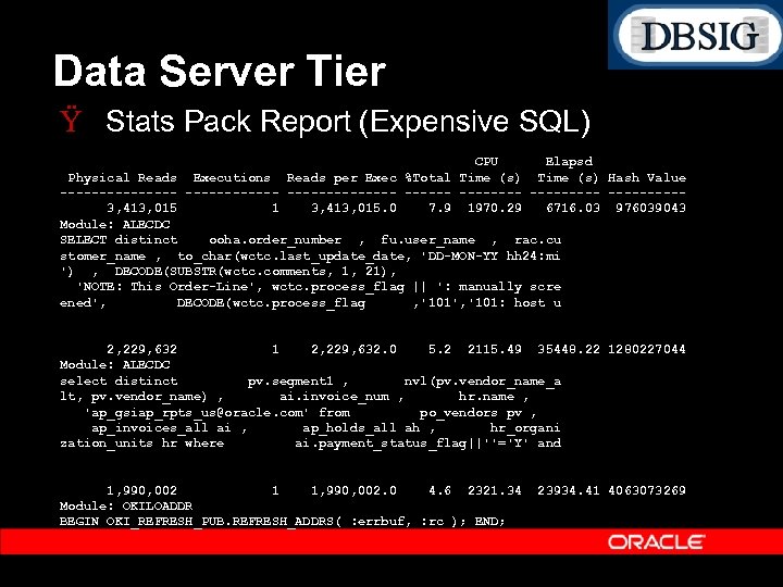 Data Server Tier Ÿ Stats Pack Report (Expensive SQL) CPU Elapsd Physical Reads Executions