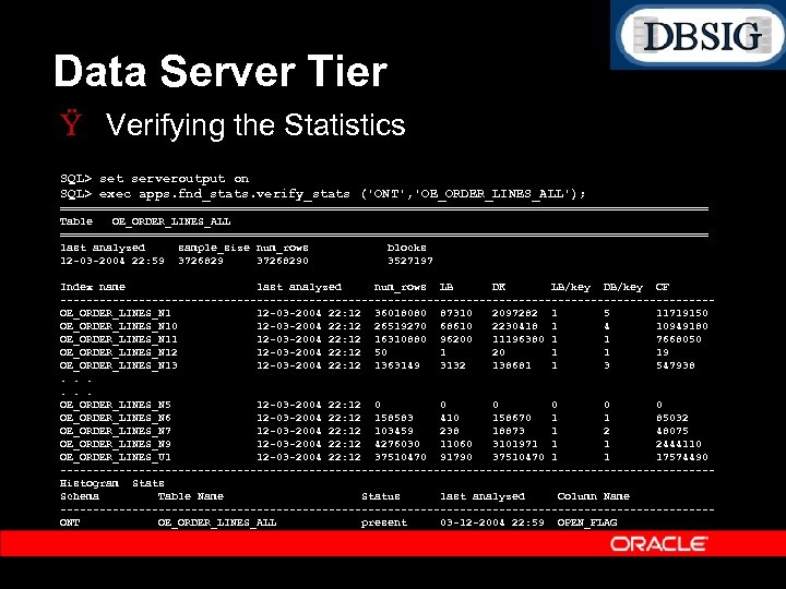 Data Server Tier Ÿ Verifying the Statistics SQL> set serveroutput on SQL> exec apps.